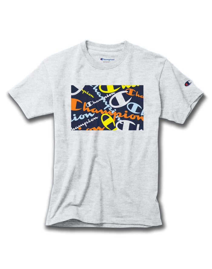 Champion Boys T-Shirt NZ - Cotton Scattered Logos Grey ( 3547-YJXAC )